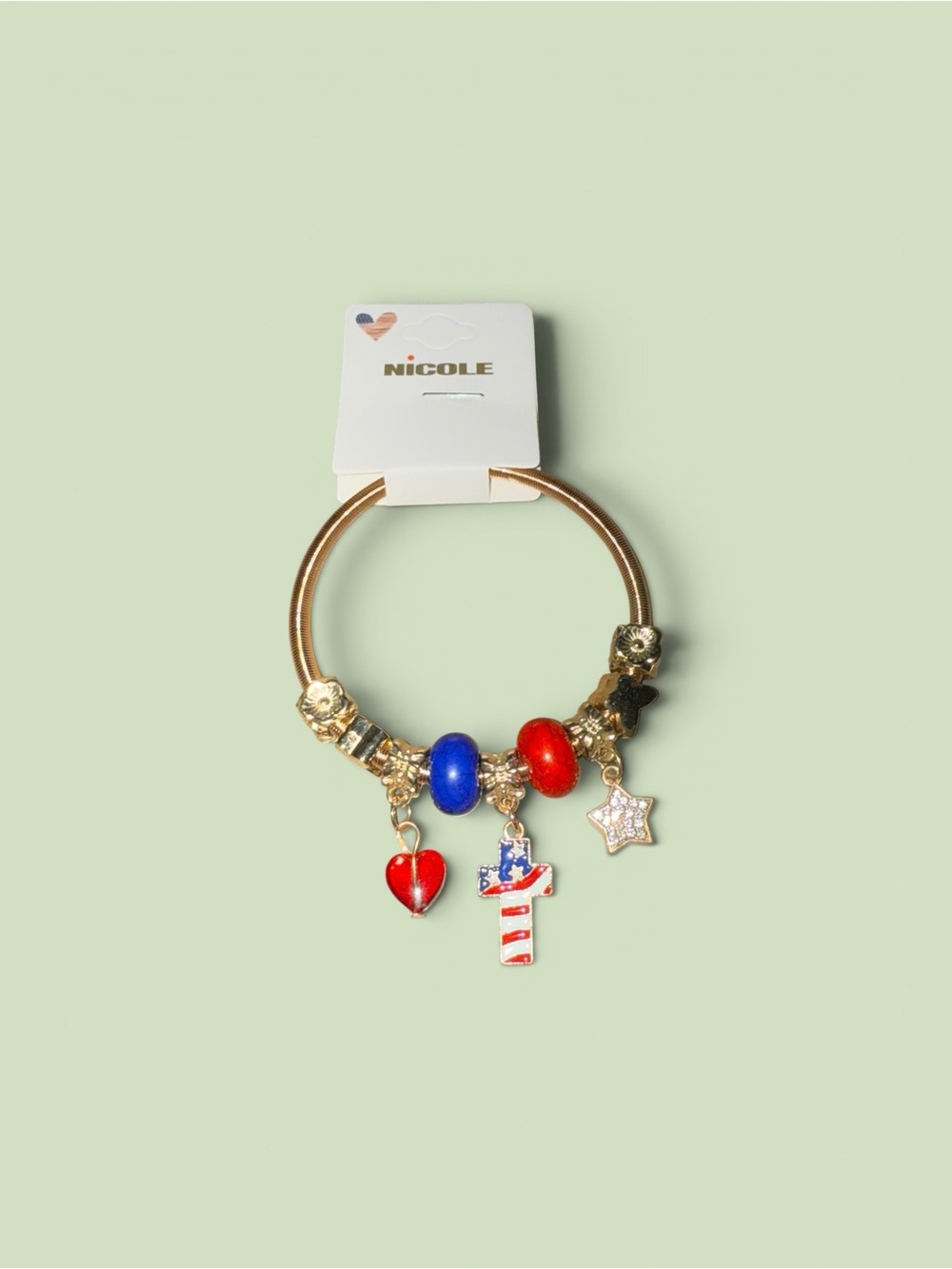 Gold-tone Bracelet with Red, Blue & Gold Charms